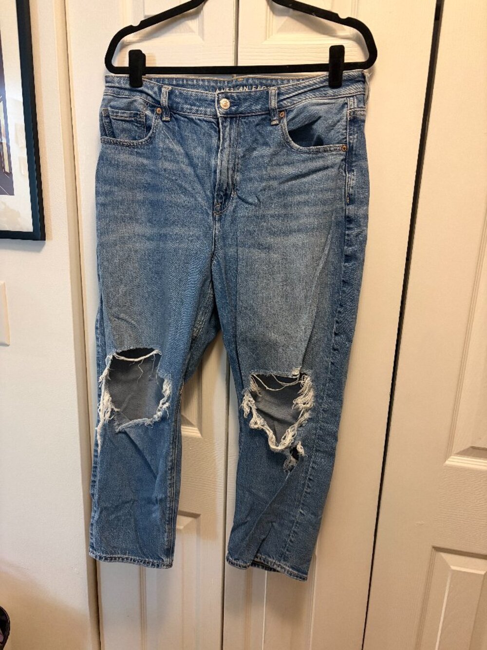 American Eagle AE Strigid Mom Jeans — 14 Extra Short — Ripped Knees